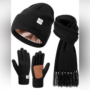 Womens Satin Lined Beanie Scarf Gloves Set